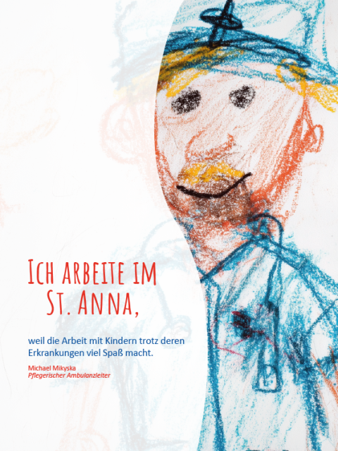 Eine KI-generierte Kinderzeichnung zeigt eine Pflegeperson und Patientinnen.